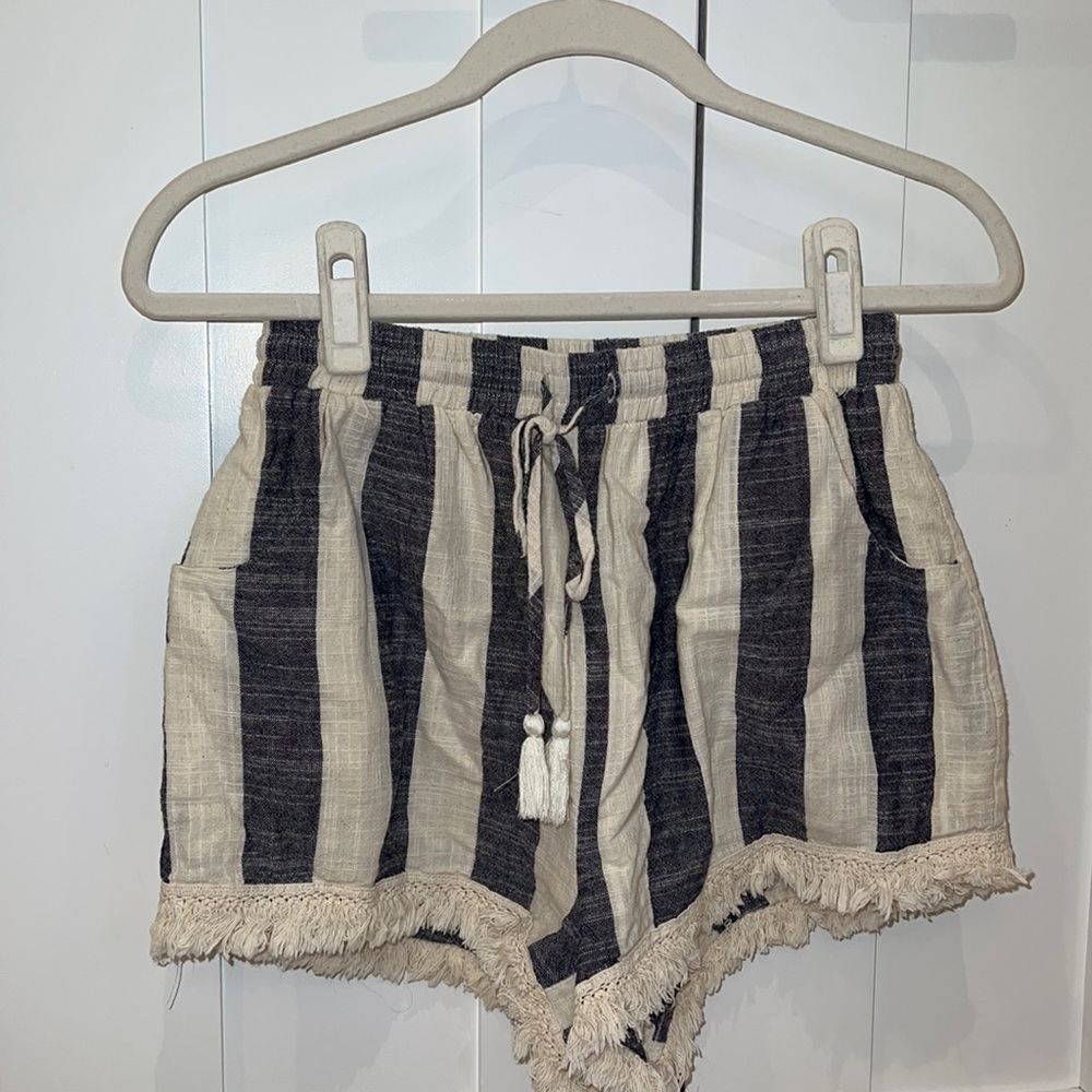 Blue and Cream Striped Shorts w/ Short Fringe on Bottom and Pockets